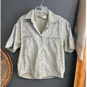Vintage Ilio Button Shirt Womens Size M Tan Floral Safari Short Slv Outdoor Top